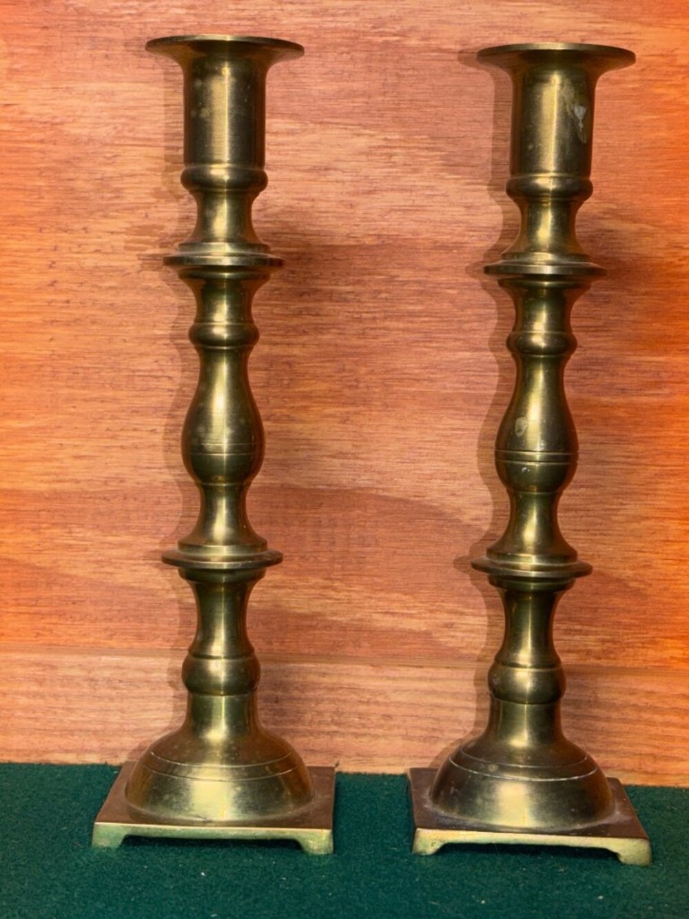 Vintage Brass Candlestick Holders Pair Baluster Stems & Footed Bases 9" Tall